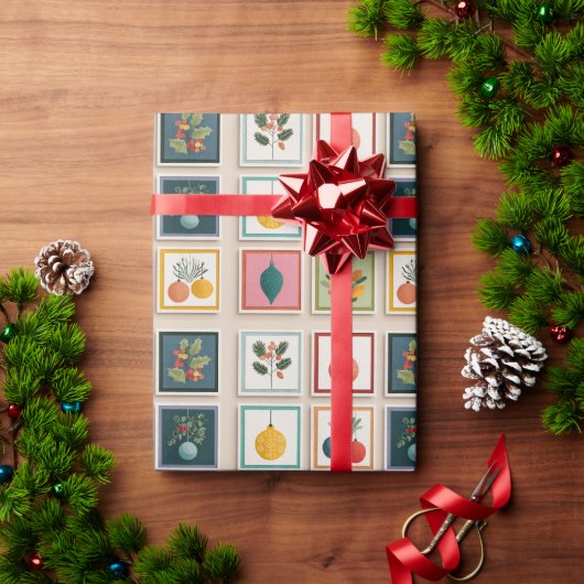Papier Cadeau Neuf ornements de Noël dans des cadres audacieux (Cadeau de vacances)