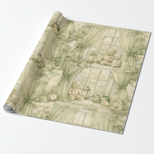 Papier Cadeau Neutral Nursery Teddy Bear Room Beige Pattern (2) (Déroulé)
