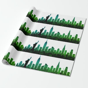 Papier Cadeau New York Skyline Green Big Apple Modern City