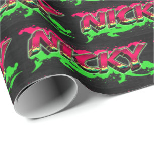 Papier Cadeau Nicky prénom nom graffiti rouge vert