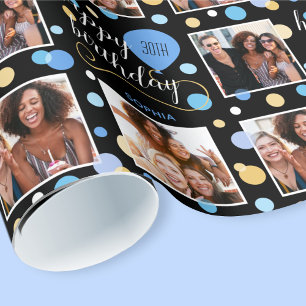 Papier Cadeau N'importe quel âge Photo Collage Anniversaire Bleu