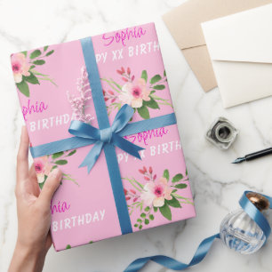 Papier Cadeau N'importe quel anniversaire, nom, fleur aquarelle
