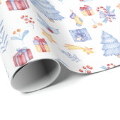 Papier Cadeau Noël aquarelle arbre cadeau candy étoile blanche (Coin rond)