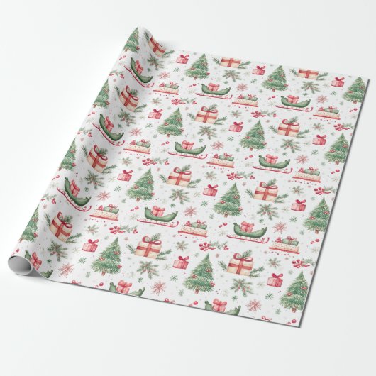 Papier Cadeau Noël aquarelle vibe arbre sled saint (Déroulé)