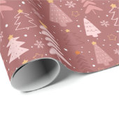 Papier Cadeau Noël Arbres de Noël Flocon de neige Rose or rose N (Coin rond)