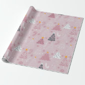 Papier Cadeau Noël Arbres Doves Snowflakes Pink Noël (Déroulé)