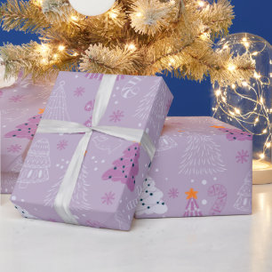 Papier Cadeau Noël Arbres Doves Snowflakes Violet Noël