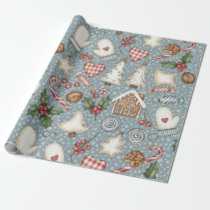 Papier Cadeau Noël au pain d'épices cosy avec cannes de bonbons