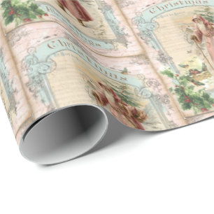 Papier Cadeau Noël au Père Noël rose style victorien