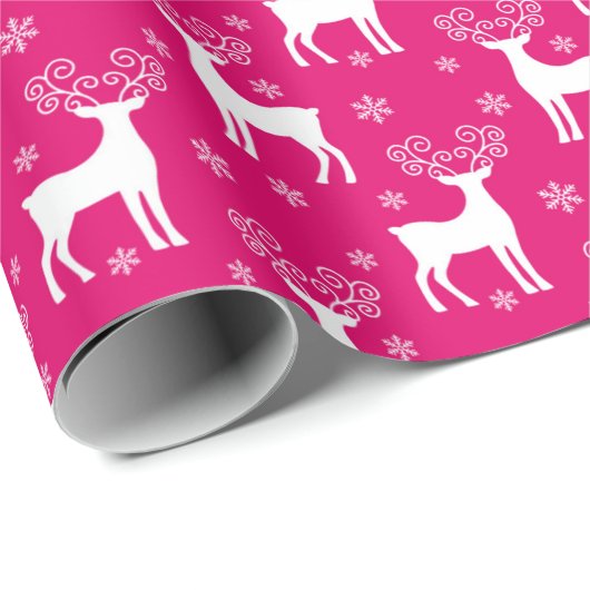 Papier Cadeau Noël aux rennes d'hiver roses chaudes et aux floco (Coin rond)