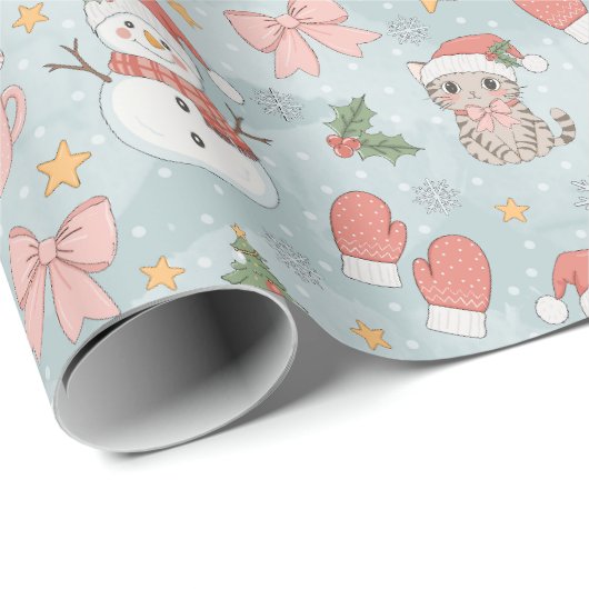 Papier Cadeau Noël avec Chats Snowmen Cookies & Lait (Coin rond)