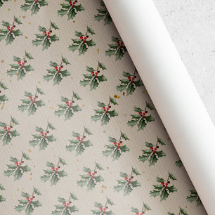 Papier Cadeau Noël Baie de Houx Rustique Vintage
