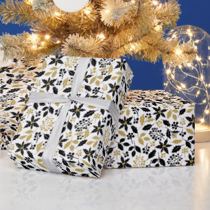 Papier Cadeau Noël Baies de Houx Or Noir Fête de fin d'année