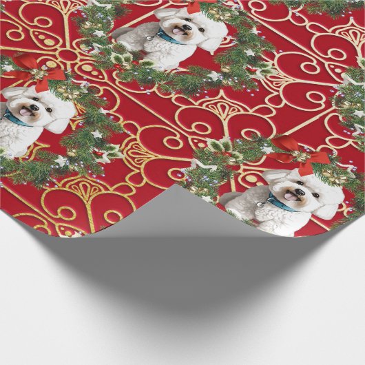 Papier Cadeau Noël Bichon Frise sur Red Snowflake Arrière - plan (Coin)