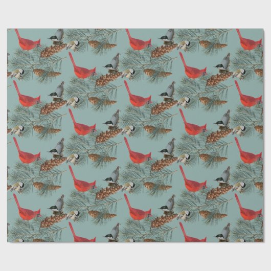 Papier Cadeau Noël Bird Cardinal Nuthatch Chickadee Turquoise (Plat)