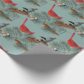 Papier Cadeau Noël Bird Cardinal Nuthatch Chickadee Turquoise (Coin)
