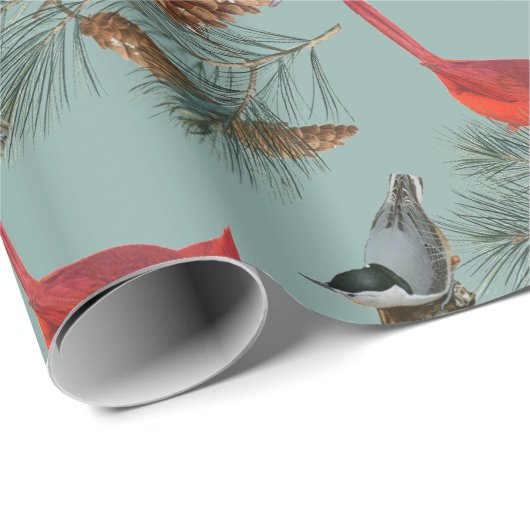 Papier Cadeau Noël Bird Cardinal Nuthatch Chickadee Turquoise (Coin rond)