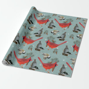 Papier Cadeau Noël Bird Cardinal Nuthatch Chickadee Turquoise