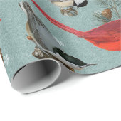 Papier Cadeau Noël Bird Cardinal Nuthatch Chickadee Turquoise (Coin rond)