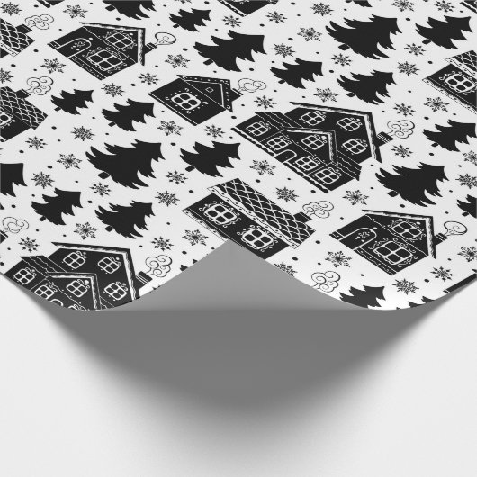 Papier Cadeau Noël Black Maison Blanche Arbres Snowflakes (Coin)
