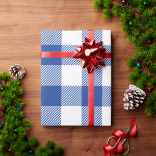 Papier Cadeau Noël blanc et carreaux de bison bleu royal