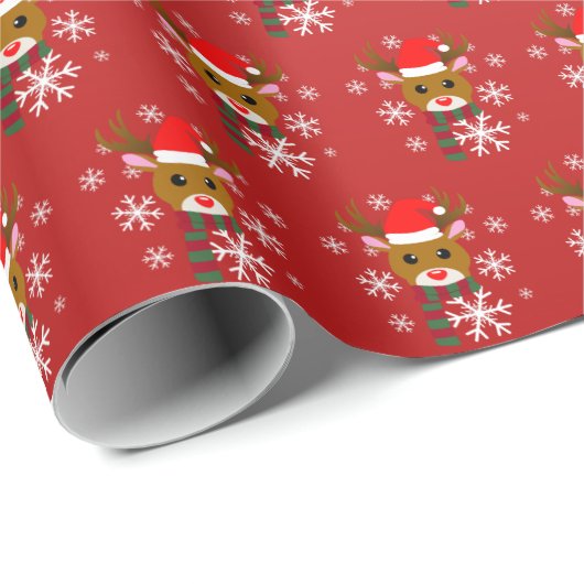 Papier Cadeau Noël blanc Rudolph le renne à nez rouge (Coin rond)