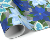 Papier Cadeau Noël bleu Poinsettia (Coin rond)