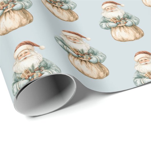 Papier Cadeau Noël Bleu Vert Père Noël (Coin rond)