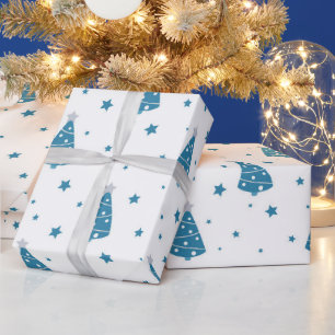PAPIER CADEAU NOËL BLEUS GRIS BLANC ARBRES ET DRAPEAUX À NEIGE