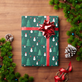 Papier Cadeau Noël : bonhommes de neige et pins