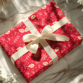 Papier Cadeau Noël botanique du feuillage de fleurs rouges