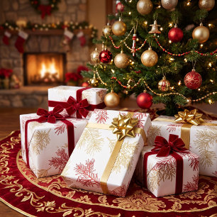 Papier Cadeau Noël Botanique Moderne Élégant Rouge Or