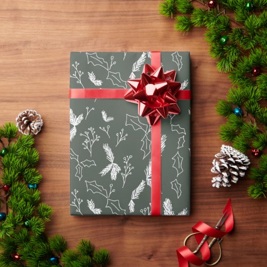 Papier Cadeau Noël Botanique Pin Berry Feuille Vert (Cadeau de vacances)