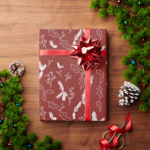 Papier Cadeau Noël Botanique Pin de Berry Feuille Rouge