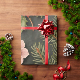 Papier Cadeau Noël Botanique Vintage Burgundy Vert Foncé
