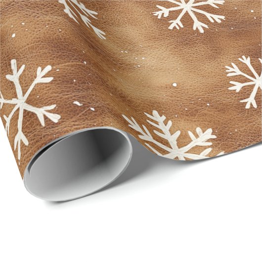 Papier Cadeau Noël Brown White Winter Snowflics (Coin rond)