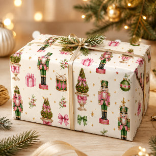 Papier Cadeau Noël Casse-Noisette aquarelle rose vert Prépa