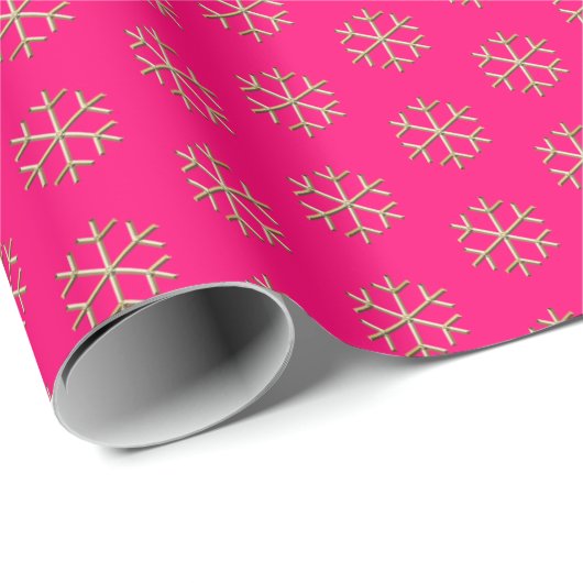 Papier Cadeau Noël chaud rose fuchsia flacons de neige or élégan (Coin rond)