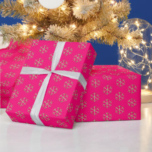Papier Cadeau Noël chaud rose fuchsia flocons d'or élégant