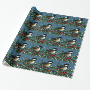 Papier Cadeau Noël : Chickadee, branche de pin, neige : Art