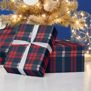 Papier Cadeau Noël Classique Marine Bleu Rouge Tartan Vacances