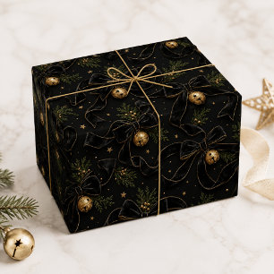 Papier Cadeau Noël Cloche en Or Ruban en Velours Noir Luxueux