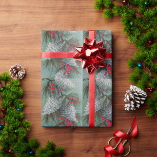 Papier Cadeau Noël, cônes de pin blanc Baies rouges Rétro