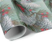 Papier Cadeau Noël, cônes de pin blanc Baies rouges Rétro (Coin rond)