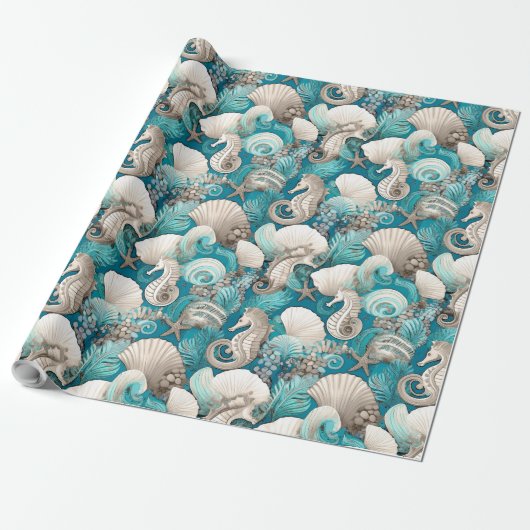 Papier Cadeau Noël côtier Bold Motif hippocampe #4 ID1009 (Déroulé)