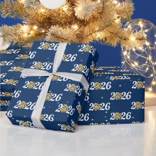 Papier Cadeau Noël Couronne Dorée pour 2026 sur Fond Bleu