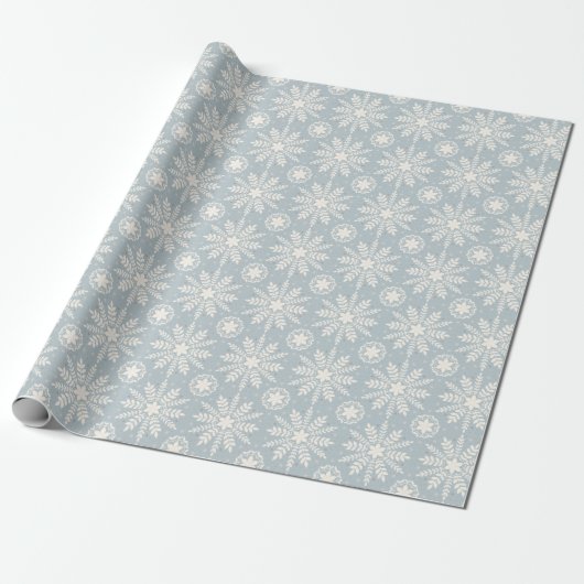Papier Cadeau Noël Crème Rustique et Flocon de Neige Bleu (Déroulé)
