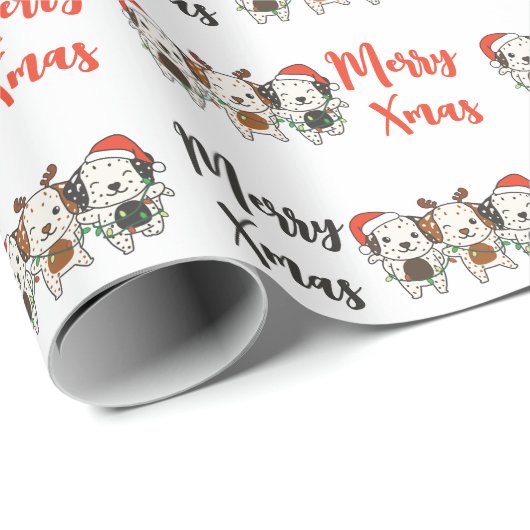 Papier Cadeau Noël dalmate Animaux de Noël Chiens mignons (Coin rond)
