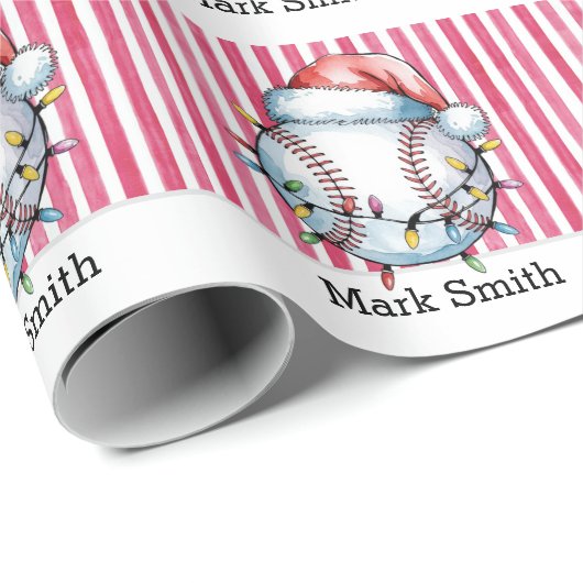 Papier Cadeau Noël de baseball avec Santa Hat (Coin rond)