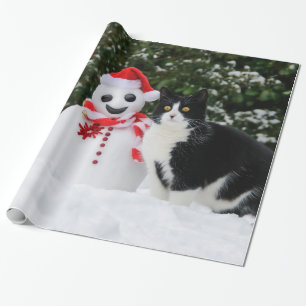 Papier Cadeau Noël de chat et de bonhomme de neige de Père No